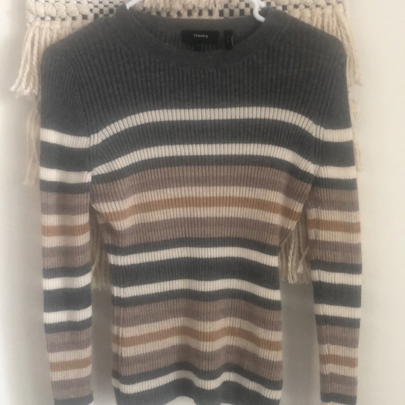 Theory 100% Cashmere Knit Ribbed Mixed Stripe Crewneck Regal Sweater Large - Picture 4 of 7